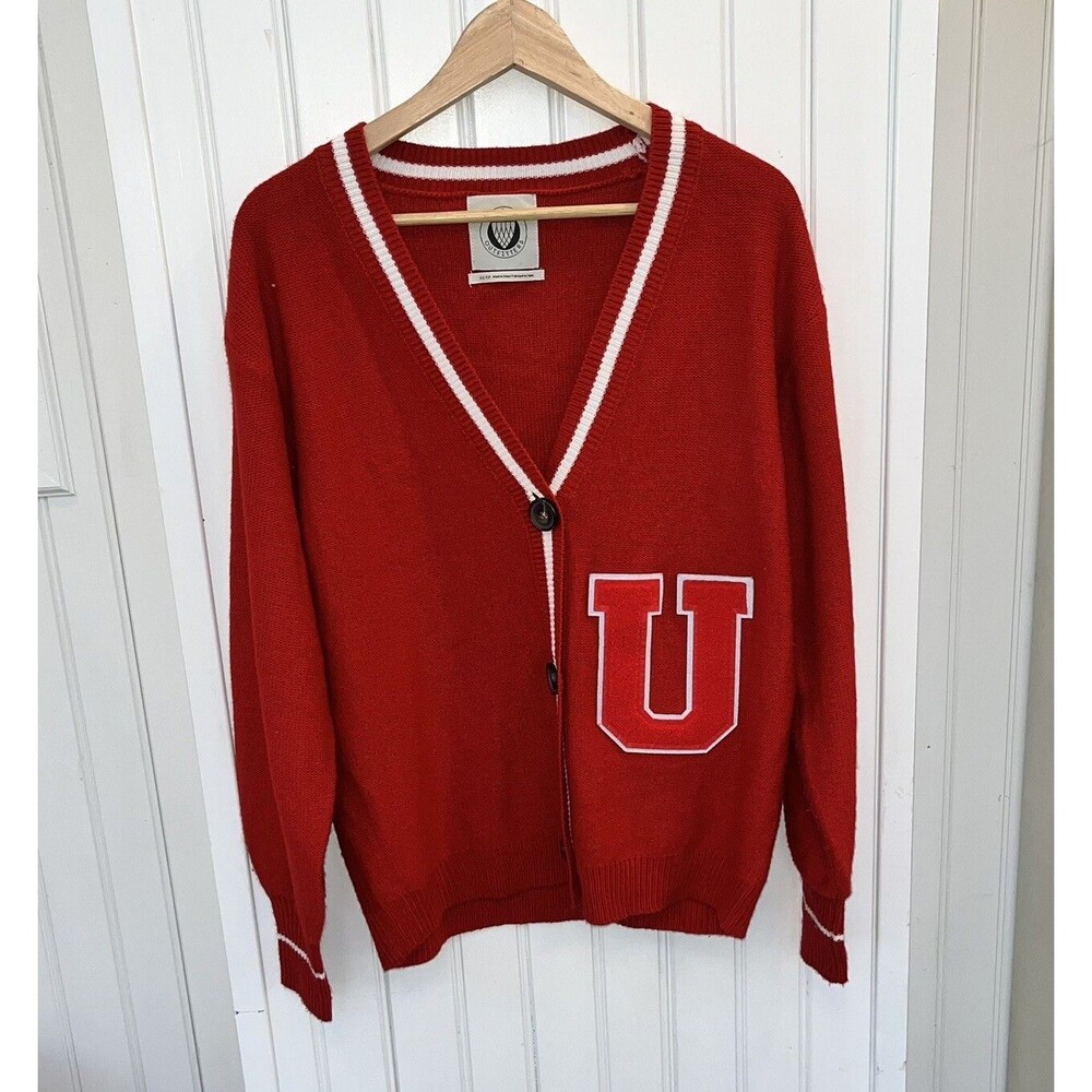 Urban Outfitters Sz XS Oversized Varsity Sweater Cardigan Red Letter U Preppy